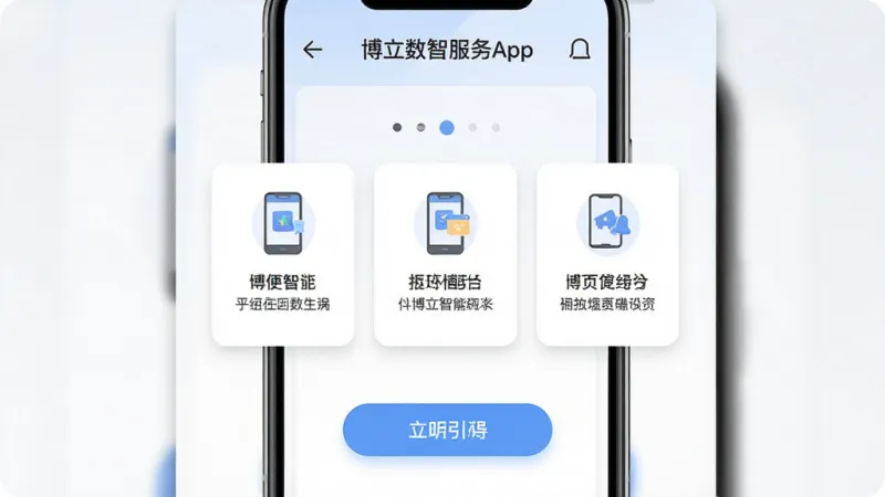 一张展示博立数智服务App新手引导页面的图片，画面主体是手机屏幕，屏幕内显示分步引导卡片，卡片上有图示和简短文字说明，布局为居中卡片式排版，风格为清新简洁的引导页风格，细节上步骤指示器清晰，按钮圆润，画质干净清晰，无多余元素。