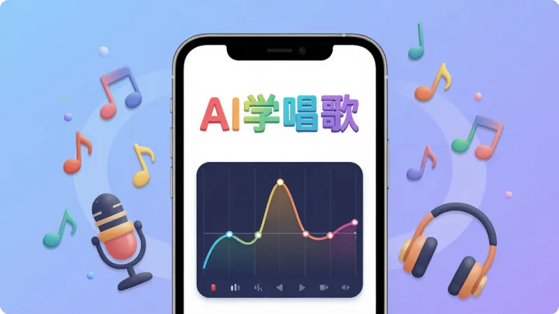 一张展示手机唱歌学习应用界面的图片,画面中央是一部智能手机,屏幕上显示着「AI学唱歌」的彩色标题和音准曲线图,周围环绕着音符、麦克风、耳机等音乐元素,背景为柔和的蓝紫色渐变,布局简洁明快,风格现代扁平化,细节精致圆润,画质干净清晰,无多余元素