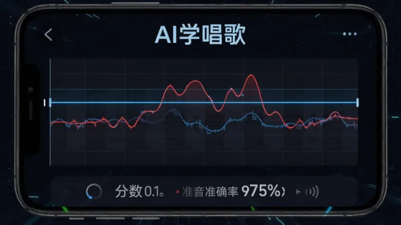 手机屏幕显示唱歌音准评分界面,画面中有一条蓝色参考音高线和一条红色用户音高线在网格谱面上交错,屏幕上方显示「AI学唱歌」字样,下方有分数和音准准确率百分比,背景为深色主题,风格科技感十足,细节清晰锐利,画质干净无多余元素