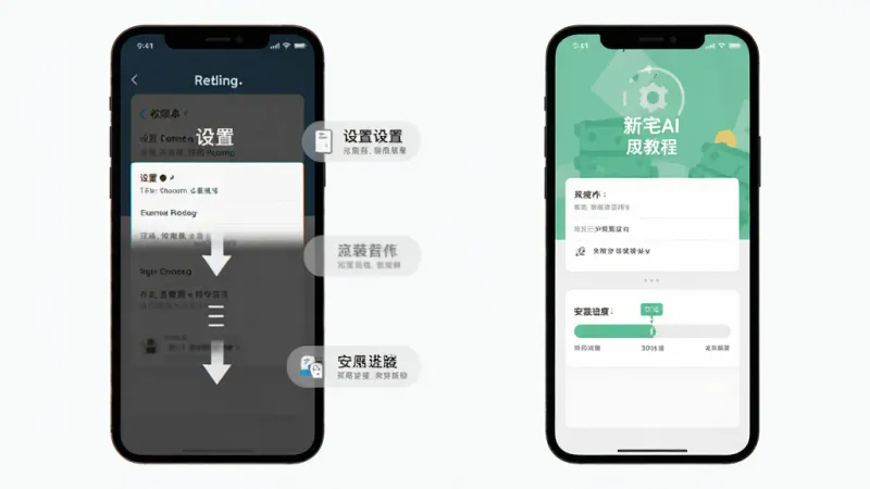 新宅AI 使用教程示意图,主体是手机屏幕显示权限设置页面与安装进度条,布局为左右分栏,排版左边展示设置步骤右边展示成功界面,风格扁平化说明图,细节包含清晰的箭头引导和文字标注,画质干净无多余元素