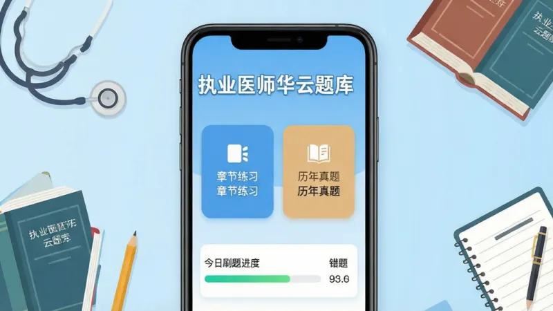 手机屏幕竖屏展示医学考试题库应用，顶部醒目文字“执业医师华云题库”，中间是章节练习和历年真题两个大按钮，下方显示今日刷题进度条和错题数量，背景是浅蓝色渐变，四周环绕听诊器、医学书籍、铅笔和笔记本等元素，扁平化UI风格，布局清晰，画质干净，无多余元素
