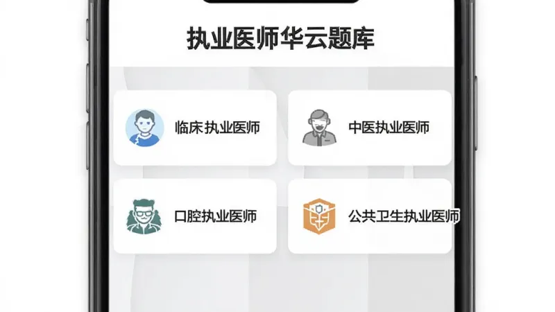 手机屏幕展示题库分类界面，标题“执业医师华云题库”，下方排列临床执业医师、中医执业医师、口腔执业医师、公共卫生执业医师四个分类卡片，每个卡片配对应图标，背景是白色和浅灰拼接，界面简洁，文字清晰，画质干净无多余元素