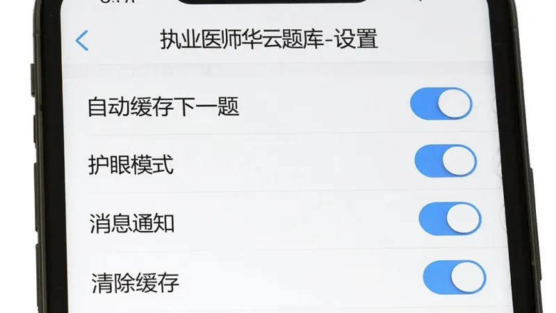 手机屏幕展示执业医师华云题库设置页面，标题“执业医师华云题库-设置”，列表包含自动缓存下一题、护眼模式、消息通知、清除缓存等选项，右侧有开关按钮，背景白色，界面简洁，文字清晰，画质干净无多余元素