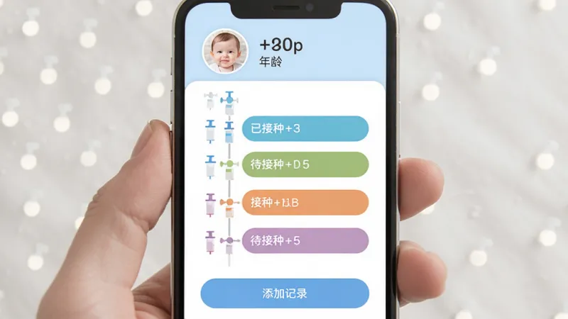 宝宝疫苗记录软件主界面展示,手机屏幕中央显示宝宝疫苗接种时间线,用不同颜色标注已接种和待接种疫苗,顶部有宝宝头像和年龄信息,底部有添加记录按钮,背景是柔和的蓝白色调,界面设计简洁清晰,风格温馨现代,画质干净无多余元素
