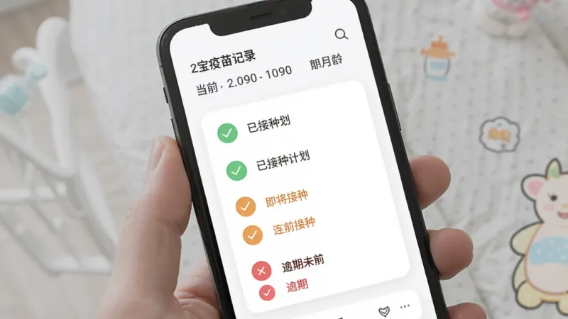 宝宝疫苗记录软件疫苗接种时间轴界面,手机屏幕显示从出生到六岁的疫苗接种计划列表,绿色对勾表示已接种,橙色表示即将接种,红色表示逾期未接种,界面顶部有宝宝姓名和当前月龄,背景为白色卡片式布局,风格简洁清晰,画质干净无多余元素