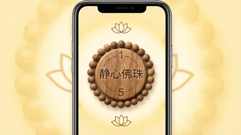 一张展示“静心佛珠”应用核心界面的手机样机图，画面中央是木质纹理的佛珠计数器圆盘，周围环绕着极简的莲花图标和“静心佛珠”四个汉字，背景是柔和的暖黄色光晕，构图居中对称，风格宁静禅意，细节干净无多余元素，画质高清柔和。