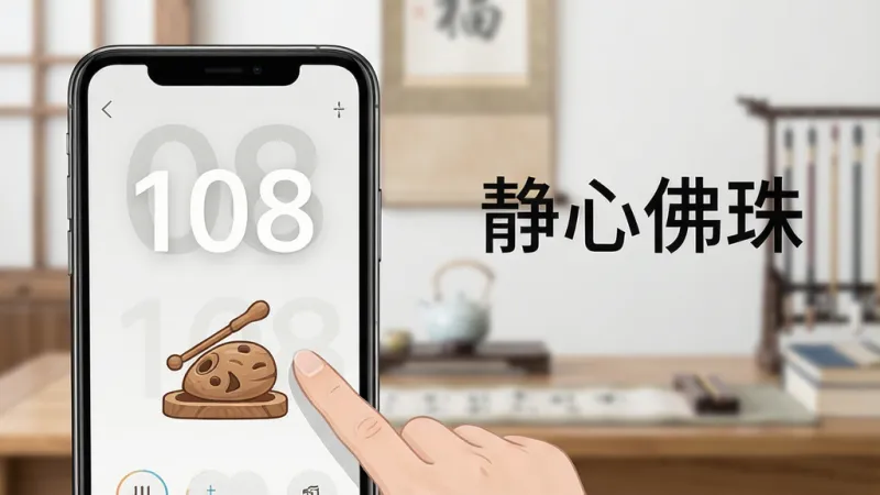 一张“静心佛珠”应用智能计数功能展示图，画面左侧是手机屏幕特写，屏幕上显示着大号数字“108”和木鱼图标，右侧是一只手正在轻触屏幕的示意，背景是虚化的禅意书房，布局左图右文，风格简约现代，细节清晰，画质干净无多余元素。