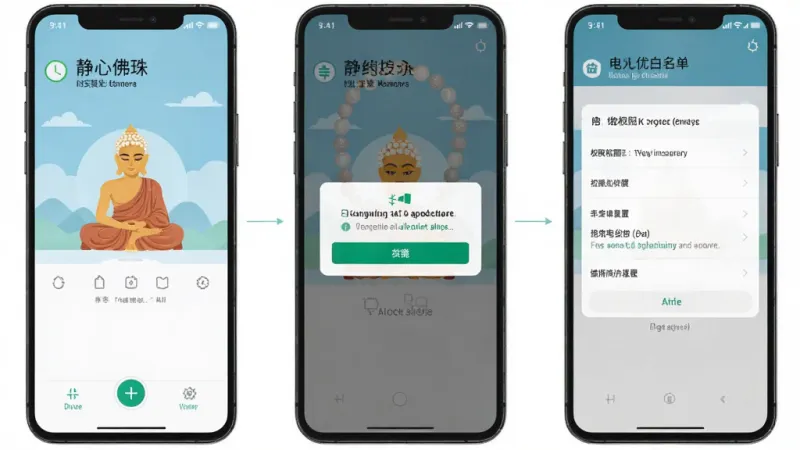 一张“静心佛珠”应用安装设置步骤示意图，画面分为三个手机屏幕并排展示，第一个屏幕显示安装界面，第二个屏幕显示权限允许弹窗，第三个屏幕显示电池优化白名单设置，布局横向排列，风格扁平化教程图示，细节清晰，画质干净无多余元素。