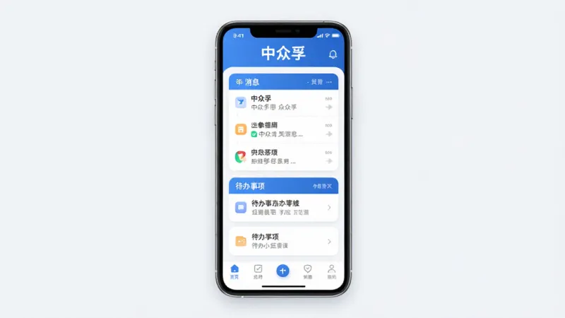 中众孚 手机应用主界面展示图,画面中央是一部现代智能手机,屏幕上显示中众孚APP的首页,顶部有“中众孚”文字标识,中间区域是消息列表和待办事项卡片,底部为导航栏,整体采用蓝白配色,风格简洁清爽,细节圆润,画质干净无多余元素