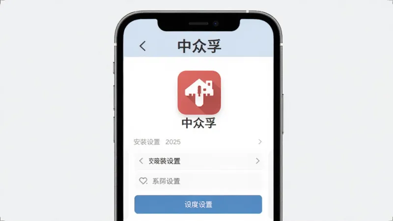 中众孚 安装设置界面示意图,手机屏幕显示权限设置页面和中众孚图标,顶部有“中众孚”文字,背景简洁,风格扁平化,细节清晰,画质干净无多余元素