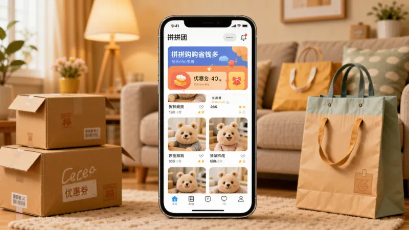 拼拼购省钱多App主界面展示，手机屏幕居中摆放，屏幕上显示拼团商品列表和优惠券横幅，背景是温馨的暖色调居家环境，旁边散落几个快递纸箱和购物袋，风格轻松活泼，细节丰富，画质干净清晰，无多余元素