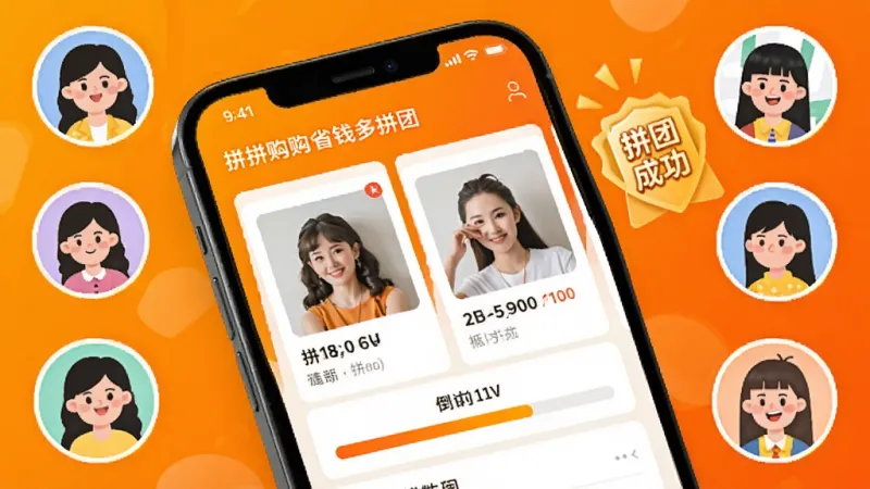 拼拼购省钱多拼团界面展示，手机屏幕显示正在拼团的商品卡片和倒计时进度条，周围环绕着卡通风格的用户头像和拼团成功标识，背景是明亮的橙色渐变，风格活泼现代，布局清晰，画质干净，无多余元素