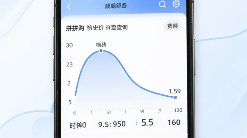 拼拼购省钱多历史价格查询功能展示，手机屏幕显示商品价格走势折线图，曲线呈现先高后低的趋势，图表下方标注着不同时间节点的价格数字，背景是干净的白色和浅蓝色调，风格简洁商务，画质清晰，无多余元素