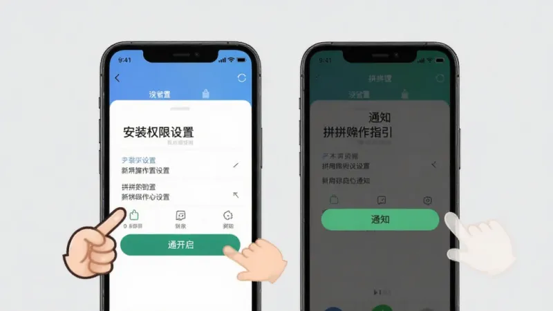 拼拼购省钱多新手操作指引图，手机屏幕显示安装权限设置界面和通知开启按钮，旁边有卡通手指图标指向关键设置项，背景是浅灰色，风格简洁明了，布局清晰，画质干净，无多余元素