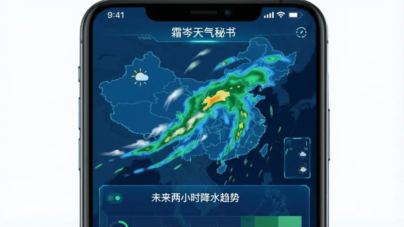 一张手机界面截图,显示“霜岑天气秘书”的分钟级降水雷达图,画面中有动态的雨云移动轨迹,下方有“未来两小时降水趋势”的文字说明,整体色调以蓝色和绿色为主,风格科技感强,布局清晰,画质干净无多余元素