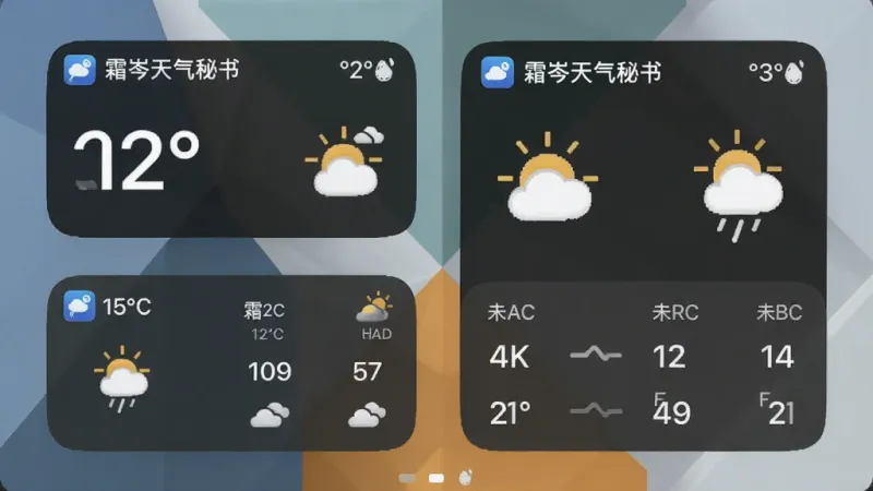 一张手机桌面截图,桌面上放置了“霜岑天气秘书”的多个不同尺寸小组件,分别显示温度、天气图标和未来趋势,背景是简约的几何壁纸,整体风格统一,图标边缘锐利,画质干净无多余元素