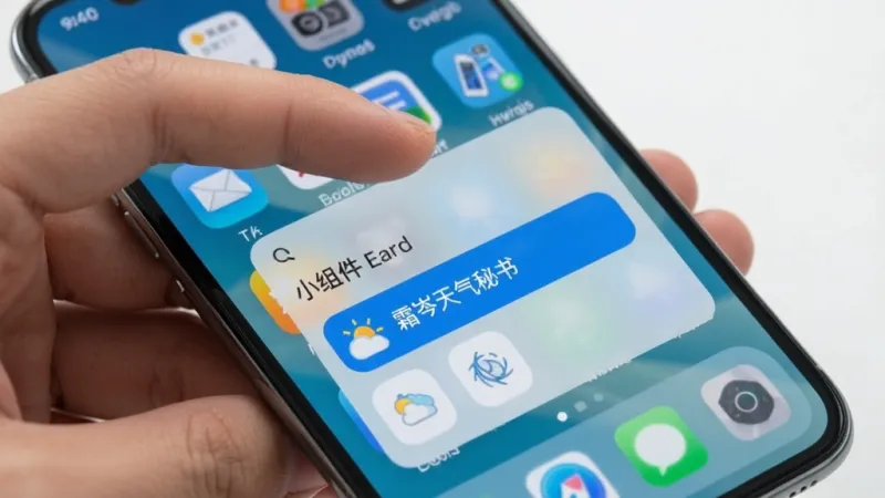 一张手机操作演示图,画面中一只手正在长按手机桌面,屏幕弹出“小组件”菜单,菜单中高亮显示“霜岑天气秘书”的选项,背景是简洁的手机桌面,风格写实,画质干净,无多余元素