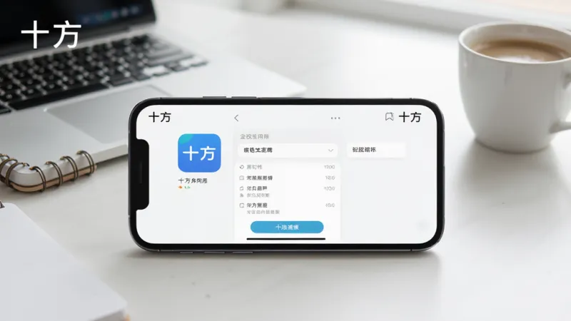 一张AI生成的十方应用使用场景图，画面中一部手机横屏展示十方App的操作界面，界面清爽无广告横幅，背景是简约的办公桌面，有笔记本和咖啡杯点缀，整体色调明亮舒适，风格写实清新，画质细腻，图片中手机屏幕角落显示“十方”应用名称，无多余杂乱元素。