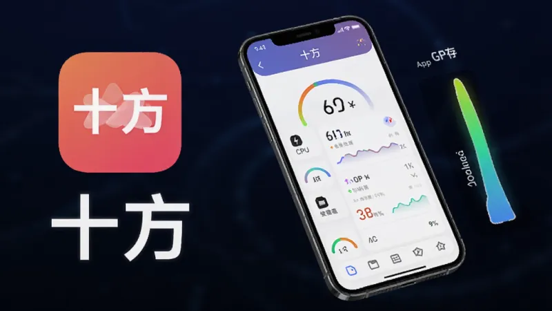 一张AI生成的手机性能监测画面示意图，画面展示一部手机屏幕上的十方App运行状态，旁边有简洁的CPU和内存占用指示条，整体风格科技感但不冰冷，背景为深色渐变，突出十方图标和“十方”文字，画质干净清晰，无多余元素。
