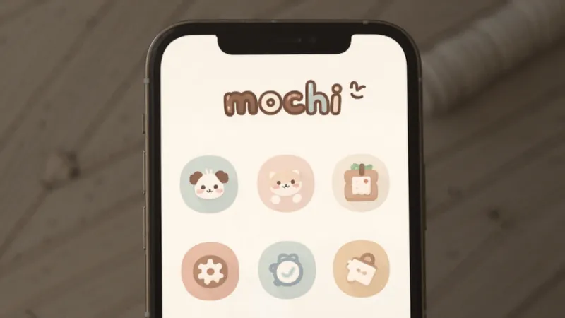 一张手机应用截图，展示mochi的主界面，界面以米白色为底，顶部有可爱的卡通字体“mochi”，中间是几个圆润的功能图标排列整齐，整体没有任何广告横幅和弹窗，画面干净整洁，风格治愈