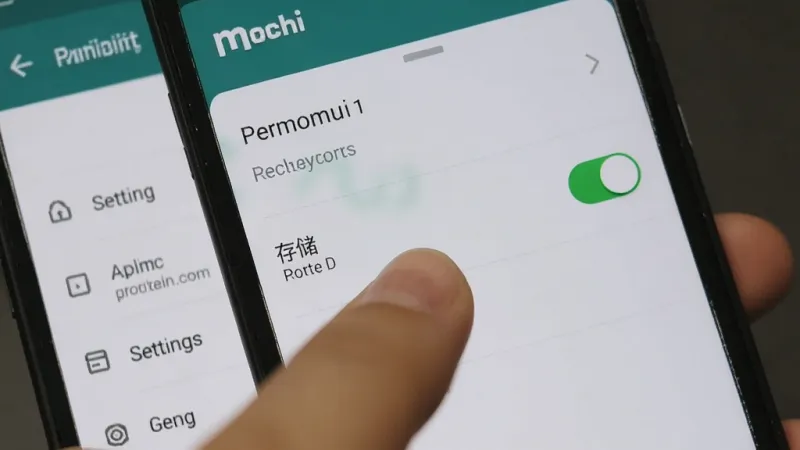 一部安卓手机屏幕上显示着mochi的应用权限管理界面，用户的手指正点击“存储”权限选项，背景是手机设置菜单，画面清晰展示了权限开关的状态，风格写实，画质干净