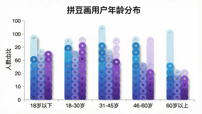 一张展示拼豆画用户年龄分布的柱状图生图,画面主体是一个简洁的数据图表,横轴标注年龄段“18岁以下、18-30岁、31-45岁、46-60岁、60岁以上”,纵轴标注人数占比,柱状图颜色为渐变的蓝色和紫色。布局采用居中柱状图,图表标题为“拼豆画用户年龄分布”。风格是扁平化数据可视化风格,细节上柱子带有轻微阴影,画质干净清晰,背景为白色,无多余元素。