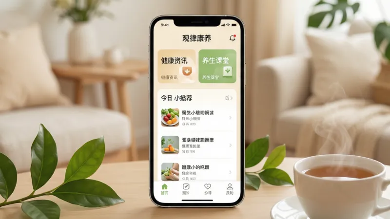 画面中央放置一部智能手机,屏幕上显示“观律康养”App的首页界面,界面以温暖的米白色和浅绿色为主色调,顶部有“健康资讯”和“养生课堂”的卡片入口,中间是今日推荐的健康小贴士列表,底部导航栏简洁清晰。手机周围环绕着几片绿叶和一杯热茶,背景是柔和的家居环境,整体风格温馨、干净、现代,画质清晰,无多余元素。