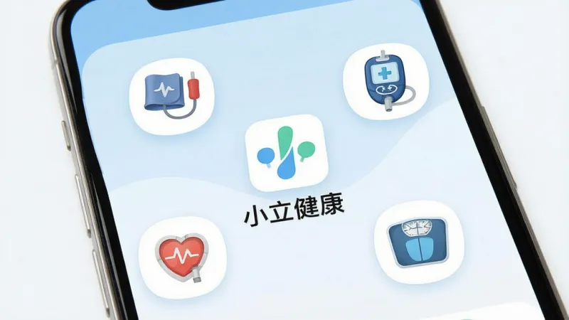 一张手机屏幕展示健康管理App的界面截图，画面中央是App的Logo和名称“小立健康”，周围环绕着血压计、血糖仪、体重秤等健康设备图标，背景是柔和的蓝白色调，风格简洁现代，细节清晰，画质干净无多余元素