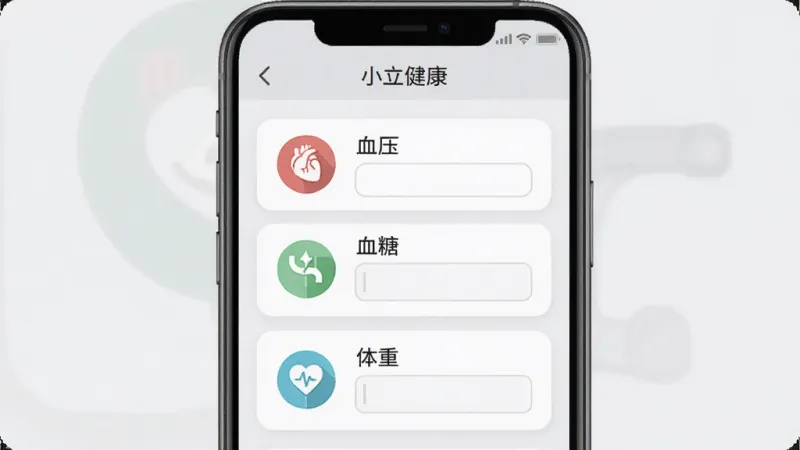 手机屏幕展示“小立健康”App的数据记录页面，画面中有血压、血糖、体重三个卡片式记录入口，每个卡片上有对应的图标和输入框，背景是浅灰色，风格扁平化，文字清晰，画质干净无多余元素