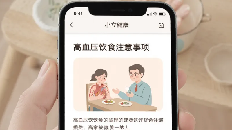 手机屏幕展示“小立健康”App的健康知识阅读页面，画面中是一篇关于高血压饮食注意事项的文章，配有简单的插图，排版清爽，字体舒适，风格温和，画质干净无多余元素