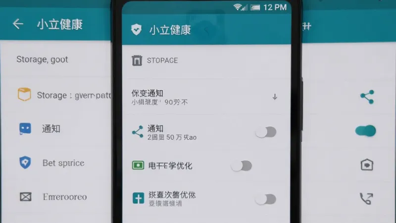 一部安卓手机屏幕上显示“小立健康”App的权限设置页面，画面中有存储、通知、电池优化等选项开关，背景是系统设置界面，风格原生安卓，文字清晰，画质干净无多余元素