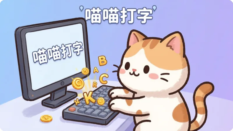 一张展示喵喵打字软件主界面的图片,画面中央是一只可爱的卡通猫咪形象,猫咪坐在电脑前敲击键盘,键盘上冒出金币和字母符号,背景是柔和的蓝紫色渐变,界面风格清新可爱,文字标注“喵喵打字”,画质干净清晰,无多余元素