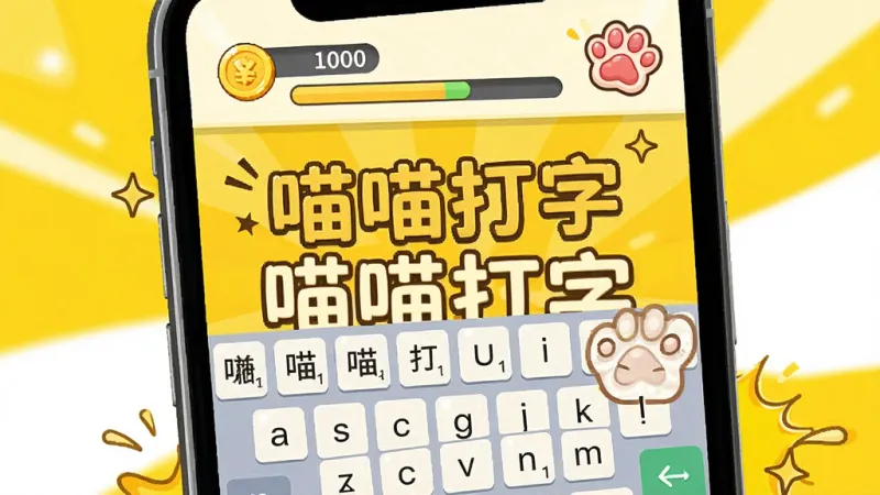 一张展示喵喵打字打字赚金币界面的图片,画面中手机屏幕显示一段文字和虚拟键盘,屏幕上方有金币数量“1000”和进度条,旁边有一只卡通猫爪图标,背景是明亮的黄色和白色,风格活泼可爱,文字标注“喵喵打字”,画质干净清晰,无多余元素