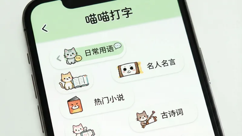 一张展示喵喵打字题库选择界面的图片,画面中手机屏幕显示多个分类标签如“日常用语”“名人名言”“热门小说”“古诗词”,每个标签配有对应的卡通图标,背景是淡绿色和白色,风格清新简洁,文字标注“喵喵打字”,画质干净清晰,无多余元素