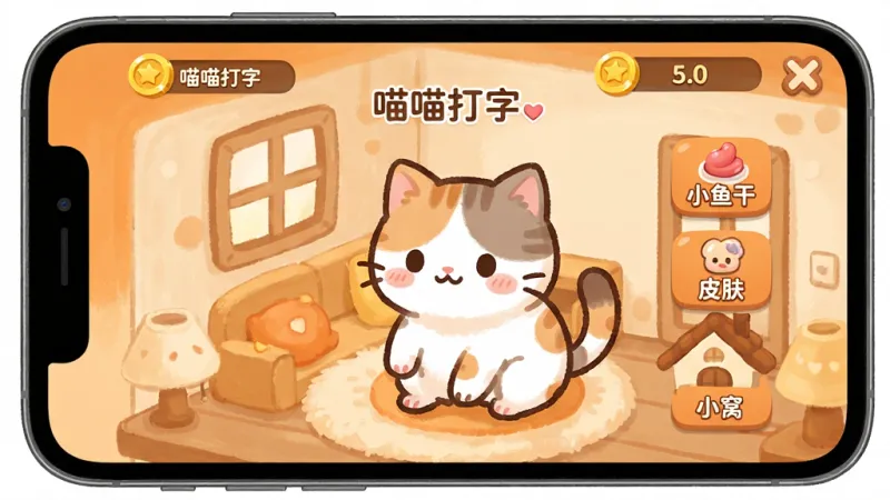 一张展示喵喵打字猫咪养成界面的图片,画面中手机屏幕显示一只可爱的卡通猫咪在温馨的小屋里,旁边有“小鱼干”“皮肤”“小窝”等按钮,金币数量显示在顶部,背景是温暖的橙色和米色,风格治愈可爱,文字标注“喵喵打字”,画质干净清晰,无多余元素