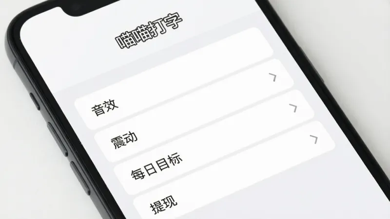 一张展示喵喵打字设置界面的图片,画面中手机屏幕显示简洁的设置选项如“音效”“震动”“每日目标”“提现”,背景是纯白色和浅灰色,风格极简现代,文字标注“喵喵打字”,画质干净清晰,无多余元素