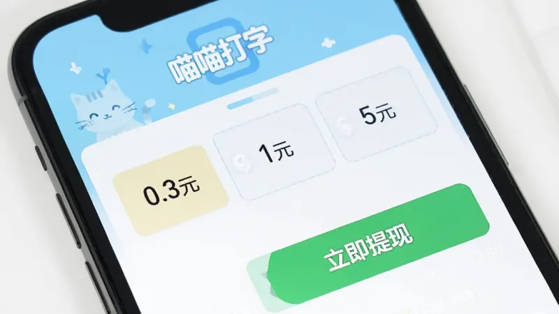 一张展示喵喵打字提现界面的图片,画面中手机屏幕显示提现按钮和金额选项“0.3元”“1元”“5元”,旁边有一个绿色的“立即提现”按钮,背景是浅蓝色和白色,风格简洁明快,文字标注“喵喵打字”,画质干净清晰,无多余元素