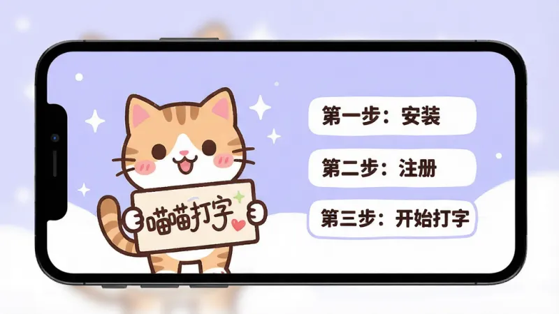一张展示喵喵打字新手引导界面的图片,画面中手机屏幕显示一只卡通猫咪举着指示牌,旁边有“第一步:安装”“第二步:注册”“第三步:开始打字”的步骤提示,背景是浅紫色和白色,风格可爱活泼,文字标注“喵喵打字”,画质干净清晰,无多余元素