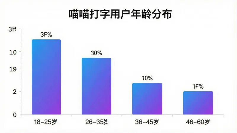 一张展示喵喵打字用户年龄分布柱状图的图片,画面中柱状图显示18-25岁占比35%,26-35岁占比30%,36-45岁占比20%,46-60岁占比15%,柱状图颜色为蓝色和紫色渐变,背景是白色,风格简洁专业,文字标注“喵喵打字用户年龄分布”,画质干净清晰,无多余元素