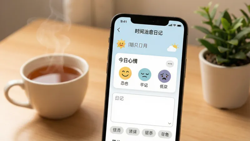 一张展示手机日记应用界面的场景图，画面中央是一部竖屏手机，屏幕显示“时间治愈日记”App的主页面，页面顶部有日期和天气图标，中间是今日心情选择区，有微笑、平静、低落等表情图标，下方是日记输入框和标签栏，整体布局清爽，背景是柔和暖色调的书桌场景，旁边放着一杯热茶和一盆小绿植，风格温馨治愈，细节精致，画质干净，无多余元素