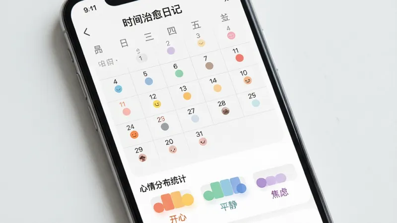 一张展示“时间治愈日记”App情绪追踪功能的界面图，画面中手机屏幕显示月历视图，每一天用不同颜色圆点标注心情，下方有心情分布统计条，旁边有“开心”“平静”“焦虑”等文字标签，整体布局清晰，风格简约现代，配色柔和，画质干净，无多余元素