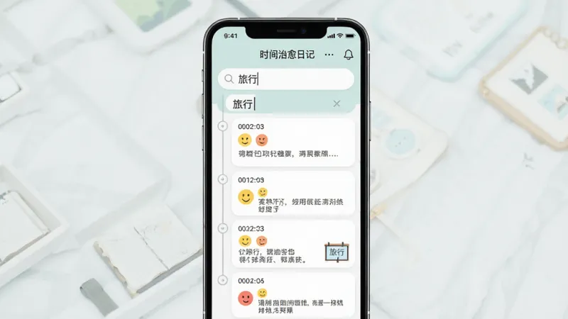 一张展示“时间治愈日记”App时间轴与搜索功能的界面图，手机屏幕显示按时间排列的日记卡片列表，每张卡片有日期、心情图标和摘要文字，顶部有搜索框，输入“旅行”后筛选出相关日记，整体布局整齐，风格扁平化，配色清淡，画质干净，无多余元素