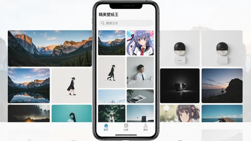 一张手机屏幕展示着「精美壁纸王」应用的主界面，界面顶部有搜索栏，中间是网格排列的高清壁纸缩略图，包含风景、动漫、简约等多种风格，底部有首页、分类、我的三个选项卡，整体布局清晰，风格现代扁平，画质干净无多余元素
