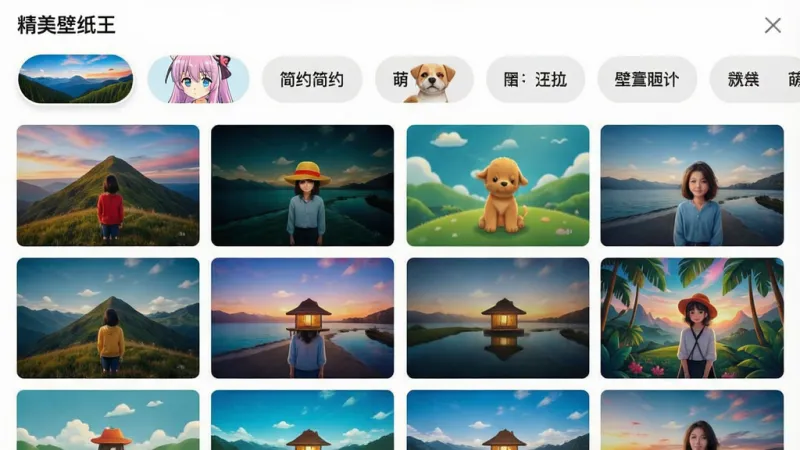 一张展示「精美壁纸王」应用内壁纸分类页面的图片，页面上方有横向滑动的分类标签，如风景、动漫、简约、萌宠等，下方是两列瀑布流布局的高清壁纸预览图，图片色彩鲜艳，排版整齐，风格清新现代，画质干净无多余元素