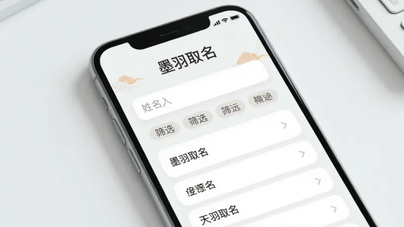 一款名为“墨羽取名”的手机应用界面展示图，画面中央是一部现代智能手机，屏幕显示应用主界面，界面顶部有“墨羽取名”文字标题，中间是姓名输入框和筛选标签，下方排列着推荐名字列表，整体布局简洁清晰，采用浅色系配色，风格现代扁平化，细节圆润，画质干净，无多余元素