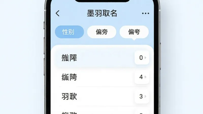一幅展示“墨羽取名”应用智能筛选功能的示意图，主体为手机屏幕特写，屏幕上方显示筛选条件标签如性别字数偏旁，下方展示匹配出的名字列表，布局清晰，风格现代简约，浅蓝与白色为主色调，细节干净，画质清晰，无多余元素