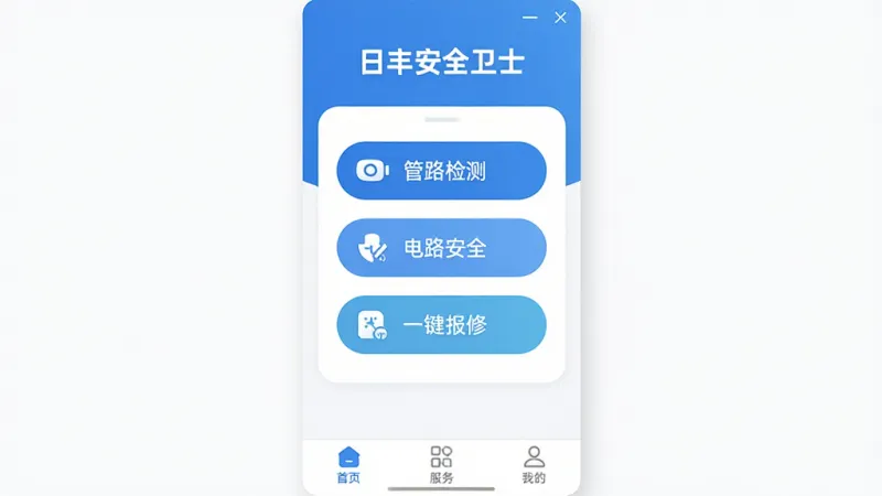 日丰安全卫士软件主界面全貌展示,画面中央是简洁的蓝白色调App首页,顶部显示“日丰安全卫士”文字标识,中间区域排列着管路检测、电路安全、一键报修三个圆角功能按钮,底部为首页、服务、我的三个导航标签,整体布局干净利落,风格现代扁平,图标细节圆润,画质清晰无多余元素