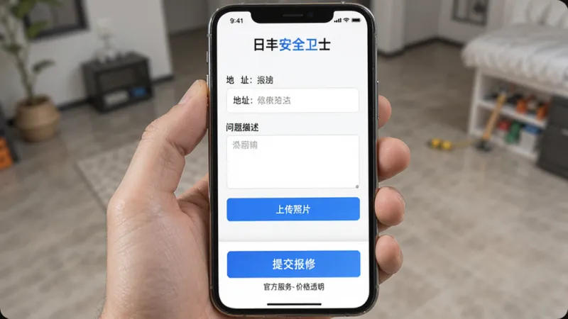 日丰安全卫士一键报修服务界面,手机屏幕显示一个报修工单页面,上面有地址填写栏、问题描述输入框和上传照片按钮,底部是一个醒目的蓝色“提交报修”按钮,旁边有小字提示“官方服务价格透明”,整体设计简洁实用,画质清晰