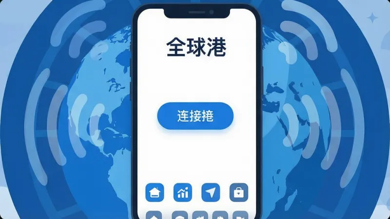 一张手机屏幕截图风格的插画，画面中央是“全球港”App的图标和主界面，背景是蓝色的地球和环绕的WiFi信号波纹，界面设计简洁，顶部显示“全球港”三个字，中间有一个醒目的连接按钮，底部排列着几个功能图标，整体色调以蓝色和白色为主，风格现代扁平，画质干净清晰，无多余元素