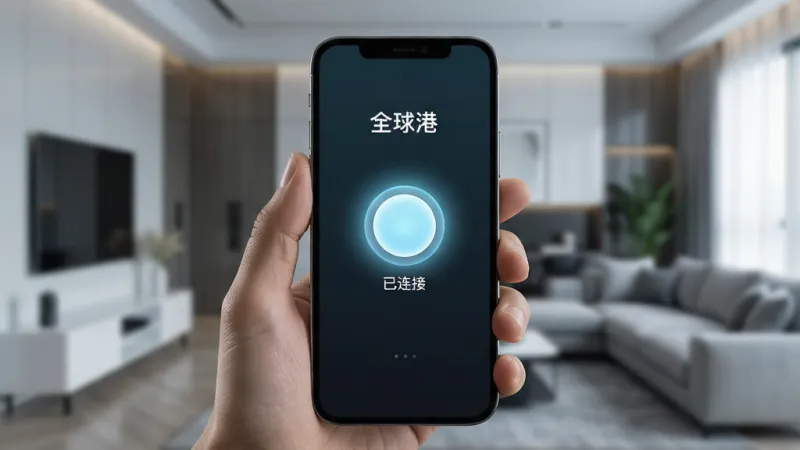 一张手机界面展示图，画面中一只手拿着手机，手机屏幕上显示“全球港”App的一键连接界面，中间是一个发光的圆形连接按钮，按钮下方显示“已连接”状态，周围有淡蓝色的光晕效果，背景是虚化的现代家居环境，风格写实且科技感强，画质干净，无多余元素